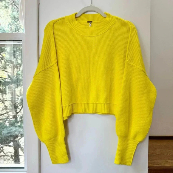 Free People Easy Street Crop Pullover Sweater Oversized Rib Crewneck Yellow XS - Picture 6 of 7